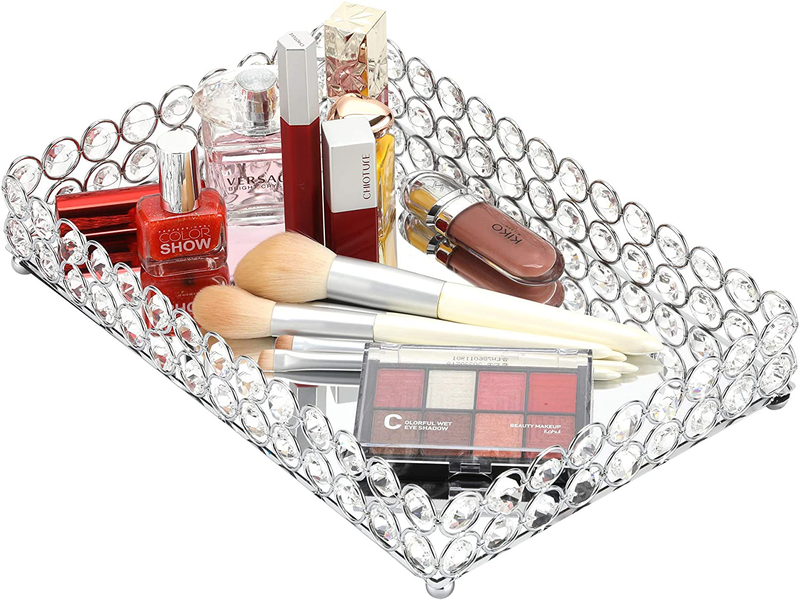 Decorative Makeup Vanity Trays, Crystal Mirrored Cosmetic Jewelry Toiletries Trinket Home Decor Tray Handmade Glass Ornate Perfume Tray for Dresser Bedroom Bathroom Restaurant Hotel (Oval Silver) Home & Garden > Decor > Decorative Trays WaiTing Rectangle Silver  