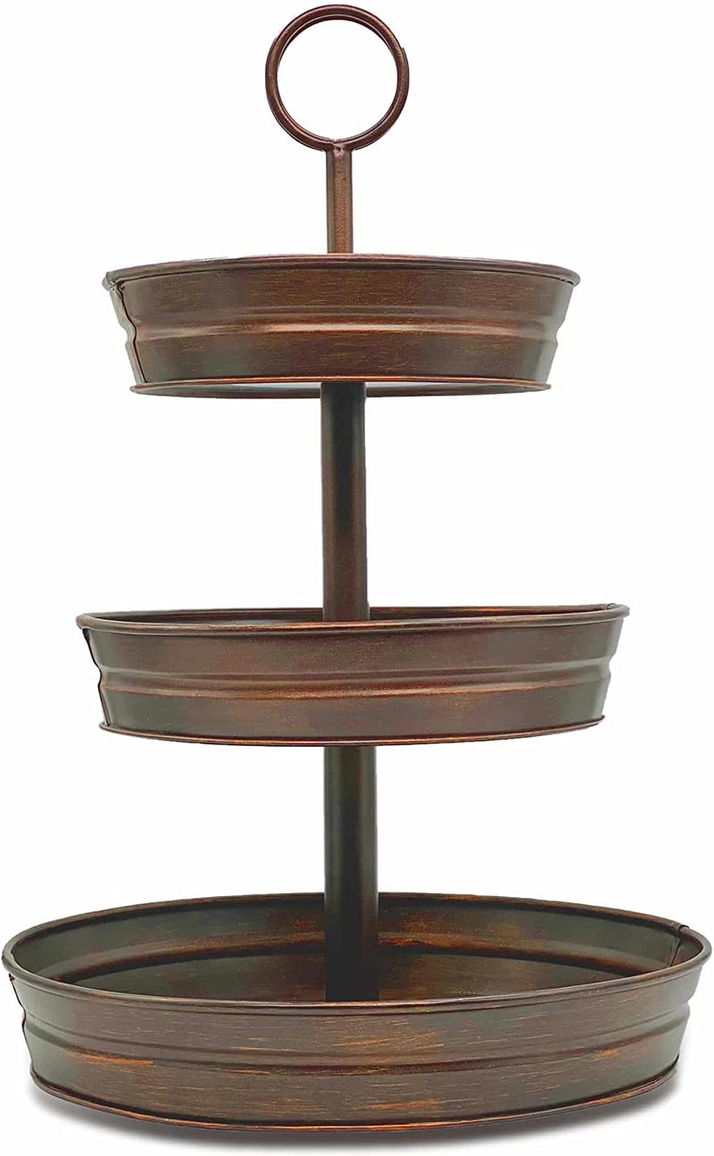 DELBRIO - 3 Tier Large Serving Tray & Display Stand - Rustic, Decorative Galvanized, Farmhouse Décor Home & Garden > Decor > Decorative Trays DELFIN Supply LLC Oil-rubbed Bronze  