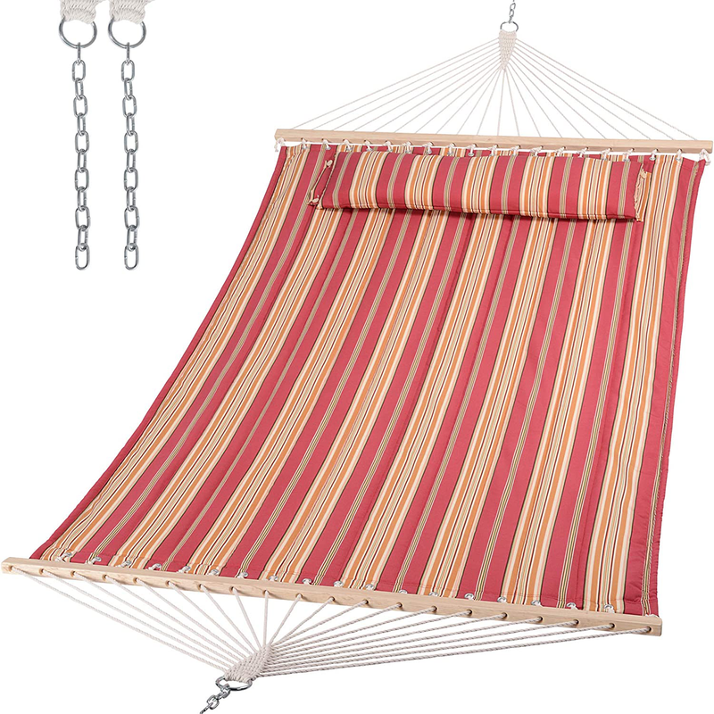 SUNCREAT Double Hammock Quilted Fabric Swing with Spreader Bar, Detachable Pillow, 55” x79” Large Hammock, Red Stripes Home & Garden > Lawn & Garden > Outdoor Living > Hammocks SUNCREAT Red Stripes  