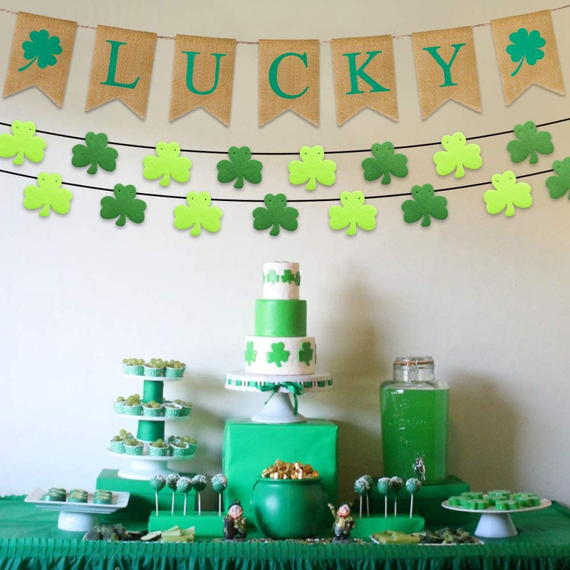 DMIGHT St.Patricks Day Decorations,2 Felt Shamrock Clover Garland+ 1 Lucky Burlap Banner,St. Patrick 'S Day Banner Decor Perfect for Irish Party Supplies- Green and Light Green Color Arts & Entertainment > Party & Celebration > Party Supplies DMIGHT   