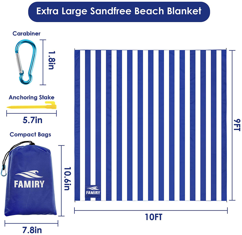 Famiry Sand Free Beach Blanket, Extra Large 10 x 9 Feet Size, Durable & Compact Beach Outdoor Mat, Includes 6 Stakes, 4 Sand Pockets & Zippered Pocket Home & Garden > Lawn & Garden > Outdoor Living > Outdoor Blankets > Picnic Blankets Famiry   