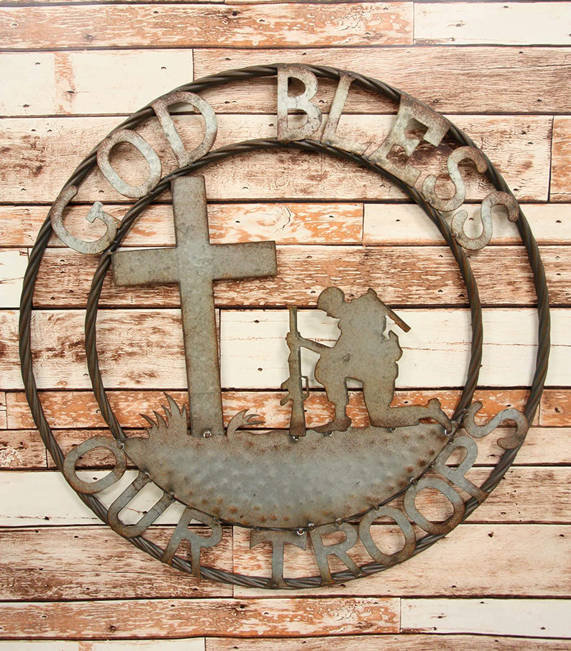 Ebros Gift Oversized 24" Wide Vintage Rustic Round Sign Braided Rope Galvanized Metal Circle Wall Decor 3D Art Decorative Greeting Plaque Western Country Ranch Home (Praying Biker Protect My Ride) Home & Garden > Decor > Artwork > Sculptures & Statues Ebros Gift God Bless Our Troops  
