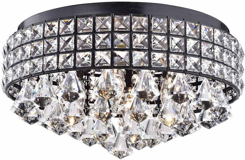 EDVIVI Crystal Drum Flush Mount Chandelier, 4 Lights Luxury Glam Light Fixture with Antique Black Finish, Square Beaded Crystal Drum Shade, Flush Ceiling Light for Entryway, Bedroom, Closet