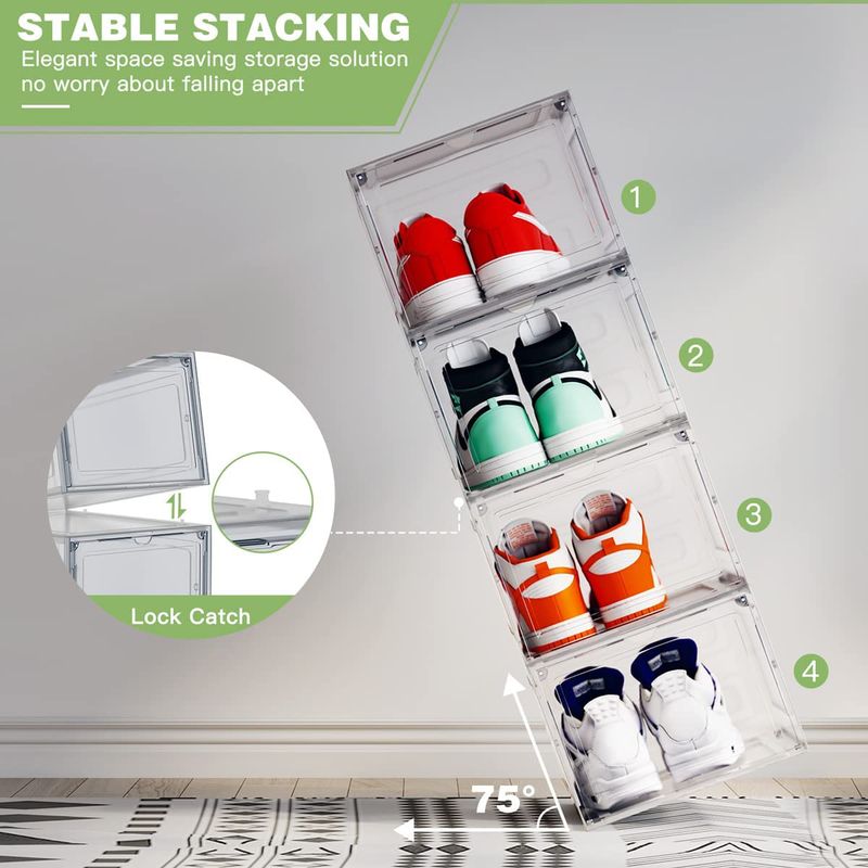 Tabiger Drop Front Shoe Boxes, Hard Clear Plastic Stackable Shoe Storage Organizer with Magnetic Acrylic Door, Shoe Display Case for Sneaker Shoe Box Storage Containers Fit for Size 12 (8 Pack-Clear White) Furniture > Cabinets & Storage > Armoires & Wardrobes Tabiger   