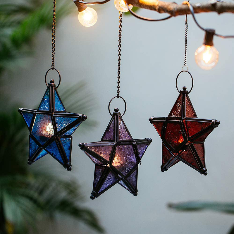 Star Lantern Hanging Glass Star Blue Decoravtive Lantern Candle Holder for Home Patio Garden Decoration Blue Home & Garden > Decor > Home Fragrance Accessories > Candle Holders Sziqiqi   