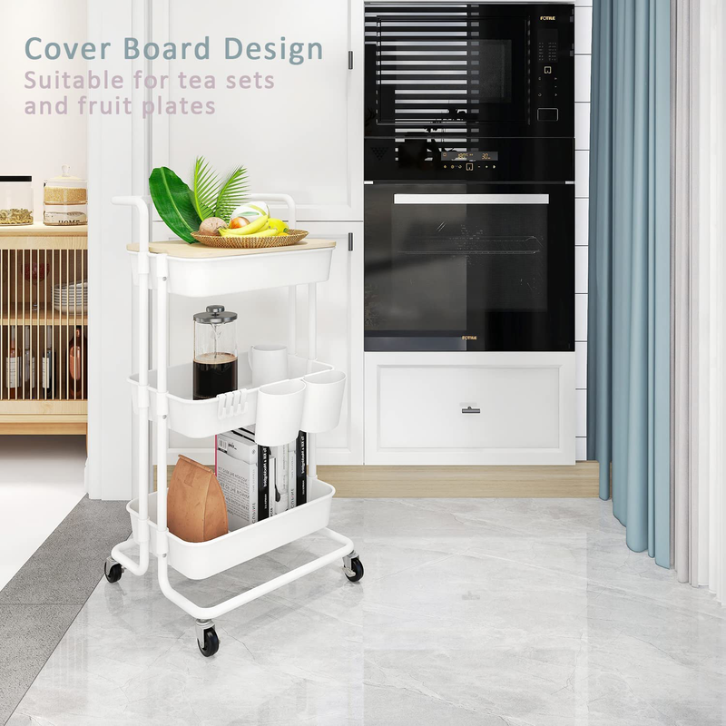 DTK 3 Tier Utility Rolling Cart with Cover Board, Rolling Storage Cart with Handle and Locking Wheels Kitchen Cart with 2 Small Baskets and 4 Hooks for Bathroom Office Balcony Living Room(White) Home & Garden > Kitchen & Dining > Food Storage DTK   