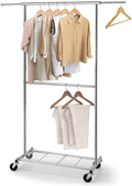 Simple Trending Standard Clothing Garment Rack, Rolling Clothes Organizer with Wheels and Bottom Shelves, Extendable, Bronze