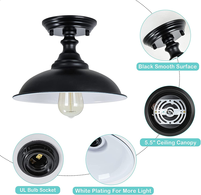 HMVPL Semi Flush Mount Ceiling Light, 2 Pack Farmhouse Close to Ceiling Light Fixtures, Black Industrial Metal Ceiling Lamp for Hallway Entryway Foyer Kitchen Island