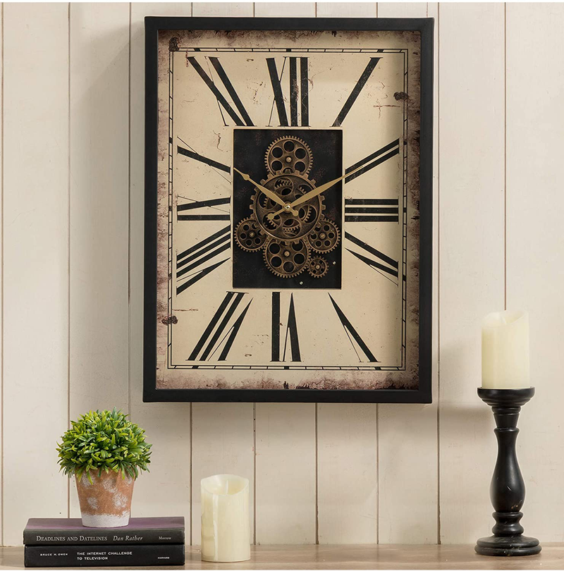 Glitzhome 23.75" H Vintage Wall Clock, Vintage Rectangle Gear Clock with Tempered Glass Roman Numeral Clock for Livingroom or Office Decoration Home & Garden > Decor > Clocks > Wall Clocks Glitzhome   