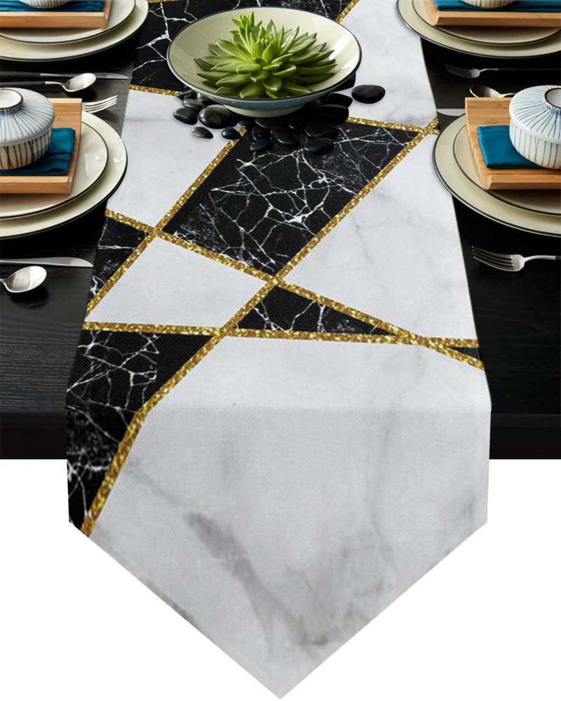 Loopop Marble Table Runner-Cotton Linen-Long Inches Dresser Scarves, Farmhouse Table Runner for Valentine Day Wedding Dining End Table Decor Black White Golden Home & Garden > Decor > Seasonal & Holiday Decorations LooPoP 13*120in=33*304cm  
