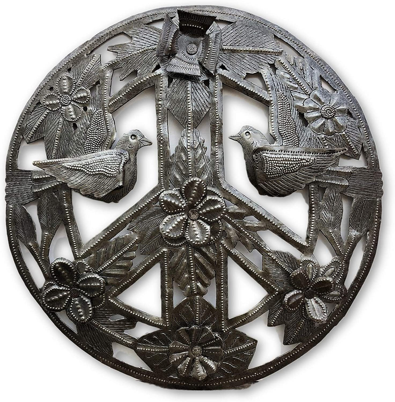 Peace Sign, Living and Organic with 3d Flowers and Birds, Haiti Metal Art Haiti 11 Inches Round