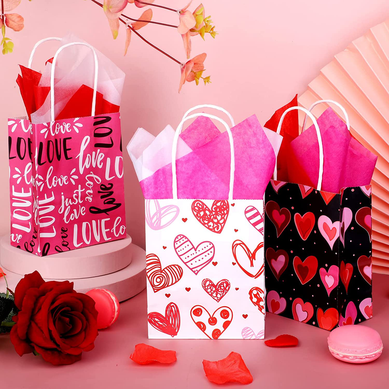 Cooraby 30 Pieces Valentines Day Paper Bags Mini Kraft Gift Bags with Handles, Tissue Paper and Tags Assorted Styles Party Bags for Presents Valentines Party, 4.8 X 2.4 X 6 Inches Home & Garden > Decor > Seasonal & Holiday Decorations Cooraby   