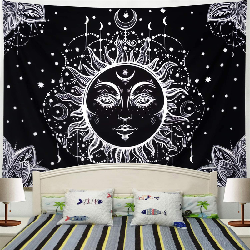 Racunbula Sun and Moon Tapestry Burning Sun with Star Tapestry Psychedelic Black and White Mystic Wall Tapestry for Bedroom Home & Garden > Decor > Artwork > Decorative Tapestries Racunbula Black Face Medium 