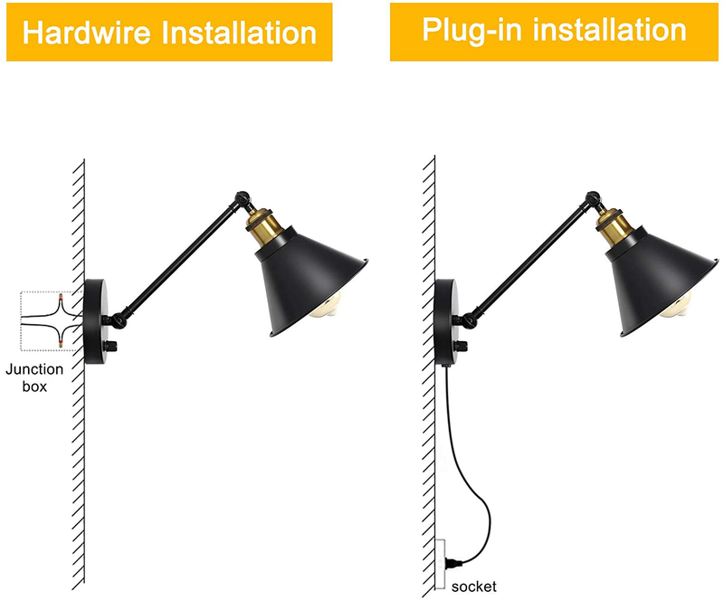 HAITRAL Sconces Wall Lighting-Dimmable Swing Arm Wall Lamps with On/Off Switch & Plug in Wall Mounted Lamps, Wall Sconces Set of 2 for Bedroom,Bedside,Living Room,Dorm- Black&Brass (Without Bulbs)
