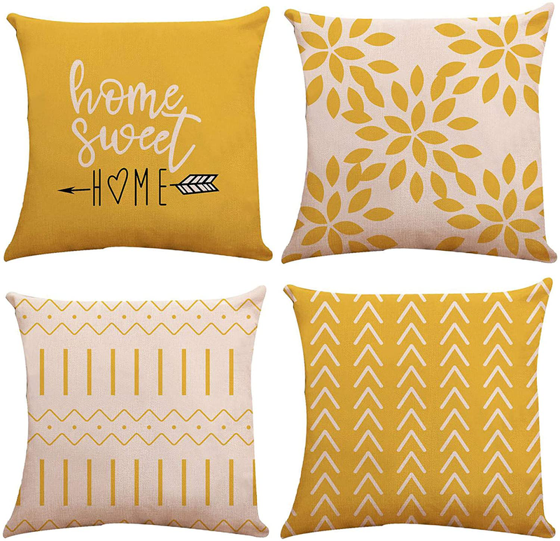 Pillow Covers 18X18 Set of 4, Modern Sofa Throw Pillow Cover, Decorative Outdoor Linen Fabric Pillow Case for Couch Bed Car 45X45Cm (Yellow, 18X18,Set of 4) Home & Garden > Decor > Chair & Sofa Cushions YCOLL Yellow 18x18",Set of 4 