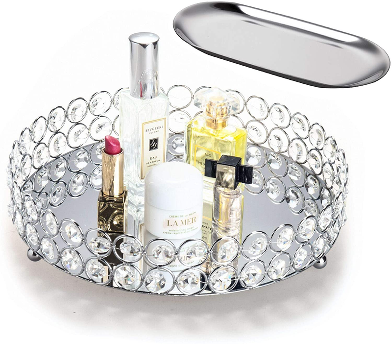 Feyarl Mirrored Crystal Vanity Makeup Round Tray Ornate Jewelry Trinket Tray Organizer Cosmetic Perfume Bottle Tray Decorative Tray Home Deco Dresser Skin Care Tray Strage (Round 10" inch) (Silver)