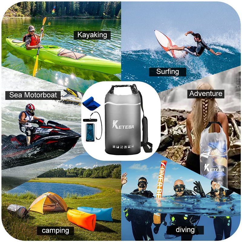KETEBA Waterproof Dry Bags Floating for Women Men, 2L/5L/10L/20L Roll Top Lightweight Clear Storage Outdoor Backpack Dry Bag with Phone Case Sports Towel for Travel Swimming Camping Beach Kayaking Sporting Goods > Outdoor Recreation > Boating & Water Sports > Swimming KETEBA   