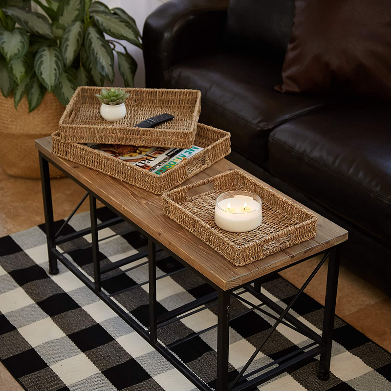 DIDDY LU - Handmade Woven Serving Tray - Set of 3 - Rectangle - Natural Rattan Storage Basket - Rectangle - Ottoman Tray Boho Coffee Table Decor - Decorative Basket - Seagrass (Rectangle)