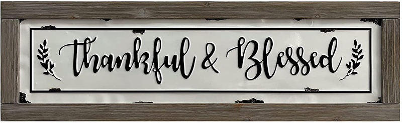 PrideCreation Bless This Home Wall Signs, 36x11 inch Rustic Enamel Wood Framed Metal Wall Hanging Decor Art, Inset Embossed Farmhouse Vintage Decorative Gift for Living Dining Room Bedroom Kitchen Home & Garden > Decor > Artwork > Sculptures & Statues PrideCreation 02-Enamel Thankful  