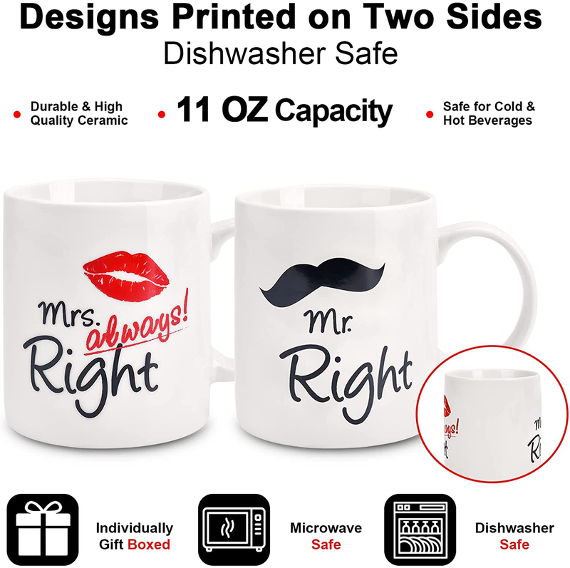 Couples Gifts for Couples Husband Wife-Mr.Right/Mrs. Always Right 11 Oz Ceramic Coffee Mug Set-Wedding Gifts for Bride and Groom,Romantic Presents Ideas for Christmas,Valentines Day,Engagement Wedding