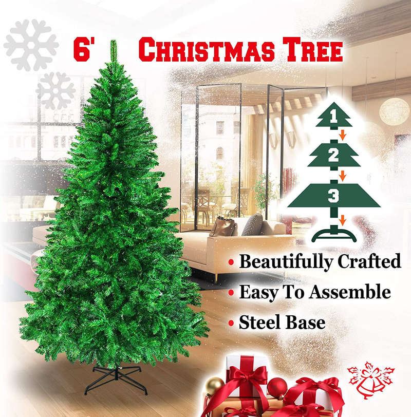New 5' 6' 7' 7.5' Classic Pine Christmas Tree Artificial Realistic Natural Branches-Unlit with Metal Stand (6', Green)