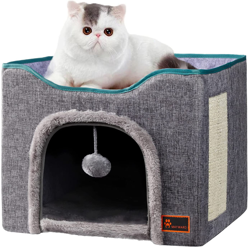 MAYWARD Cat Cube Foldable Cat House with Detachable Storage Box for Indoor, Multifunctional Cat Bed Cave with Ball Hanging and Scratch Pad for All Seasons