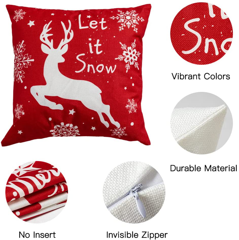 Hogardeck Christmas Pillow Covers 18×18, Set of 4 Throw Pillow Covers, Let It Snow, Merry Bright, Reindeer Christmas Decorations, Xmas Cushion Cases