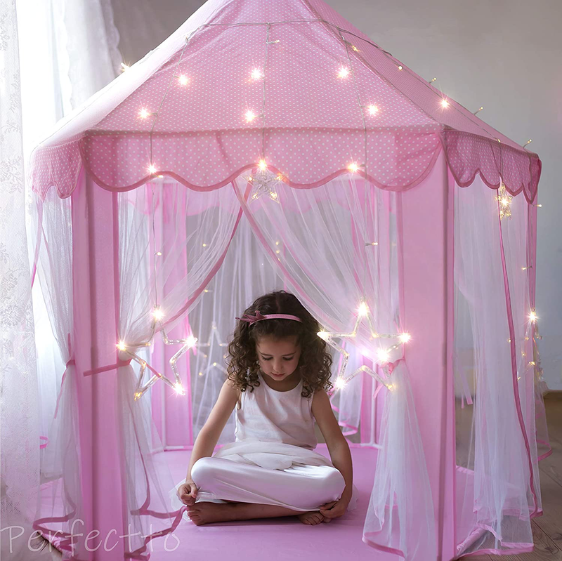 Princess Castle Play Tent with Large Star Lights. Little Girls Princess Tent Toy for Indoor. Pretend and Imaginative Play House. Have Fun, Encourage Social Interaction. Gift for Girls Age 3 4 5 6 7 Sporting Goods > Outdoor Recreation > Camping & Hiking > Tent Accessories Perfectto Design   