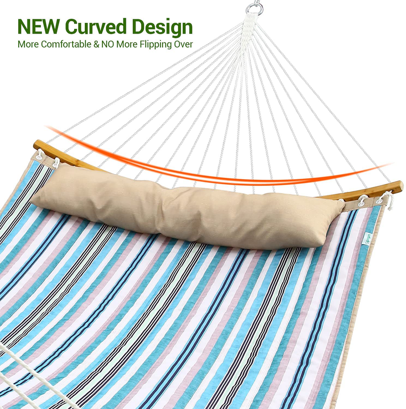Double Hammock Swing Quilted Fabric, Portable Hammocks with Folding Bamboo Curved Bar & Pillow, Ohuhu 55" x 75" Large 2 Person Hammock for Indoor Outdoor, Tree Hammock for Yard Porch Garden Balcony Home & Garden > Lawn & Garden > Outdoor Living > Hammocks Ohuhu   
