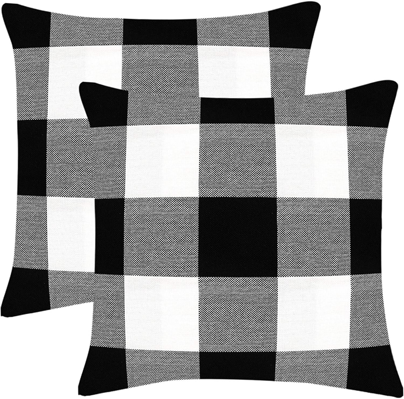 Fixwal Set of 2 Buffalo Check Plaid Throw Pillow Covers Farmhouse Outdoor Pillow Cushion Case Cotton Linen for Home Decor Black and White, 18X18 Inch