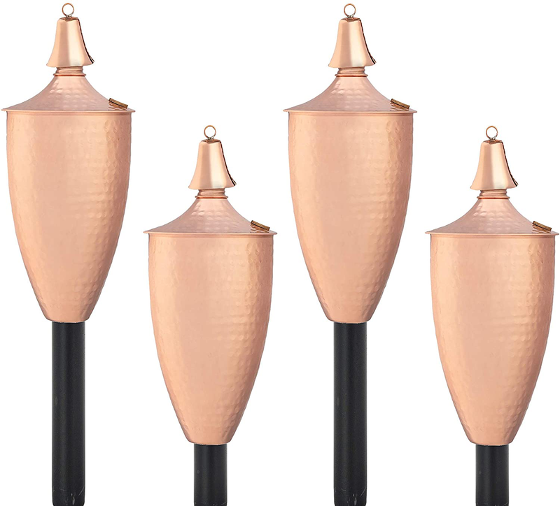 Legends Direct Set of 4, Premium Metal Patio Torches, 53" Tall- Tiki Style/w Snuffer, Fiberglass Wick & Large 20oz Oil Lamp for Deck, Patio, Lawn, Garden, Luau (Large Smooth Copper) Home & Garden > Lighting Accessories > Oil Lamp Fuel Legends Direct Large Hammered Copper 4 