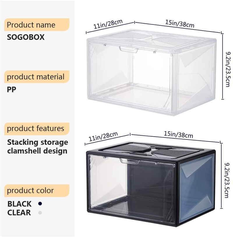 Shoe Storage Boxes Organizers 6 Pack Sneaker Display Shoe Containers Clear Plastic Stackable with Lids Magnetic Side Opening Door 15 Inches Long Large Size for Collection Display (6 Pack, Black) Furniture > Cabinets & Storage > Armoires & Wardrobes Momotata   