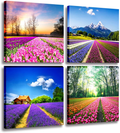 MESESE Art 4 Panels Canvas Wall Art Spring Summer Autumn Winter Four Seasons Landscape Color Tree Painting Picture Prints Modern Giclee Artwork Stretched and Framed for Living Room Home Decoration Home & Garden > Decor > Artwork > Posters, Prints, & Visual Artwork MESESE Tulip Lavender  