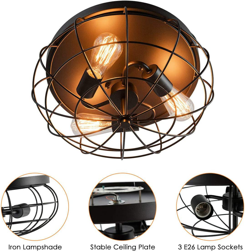 Tangkula Semi Flush Mount Ceiling Light, 3-Light Industrial Style Rustic Ceiling Light Fixture with Iron Metal Cage Lampshade, Vintage Ceiling Lighting Lamp for Home Kitchen Entryway Dining Room