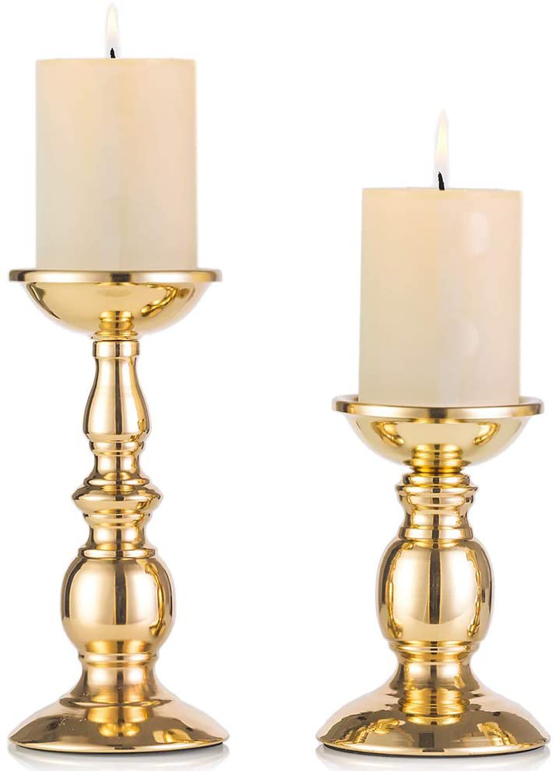 NUPTIO Pillar Candle Holders Metal Candle Holder Ideal for 3 inches Candles, Silver Candle Holder for Living Room, Gardens, Spa, Aromatherapy, Incense Cones, Wedding, Party, 2 Pcs Home & Garden > Decor > Home Fragrance Accessories > Candle Holders Fuzhou cangshan Gold S + L 