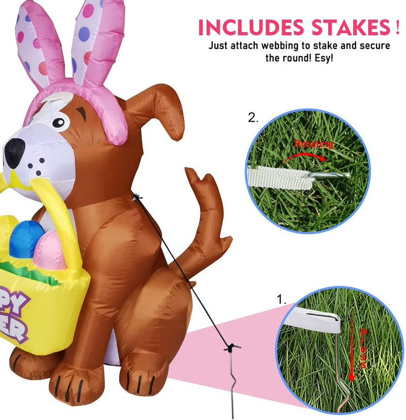 GOOSH 5 FT Height Easter Inflatables Outdoor Dog with a Bunny Headband, Blow up Yard Decoration Clearance with LED Lights Built-In for Holiday/Easter/Party/Yard/Garden