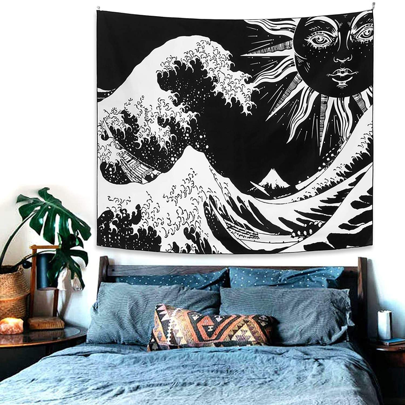 Sun Moon Tapestry Psychedelic Waves Black and White Tapestries Wall Hanging Bohemian Tapestry for Bedroom Aesthetic Black Mandala Indian Home Decor(51" x 59") Home & Garden > Decor > Artwork > Decorative Tapestries eyeJOY   
