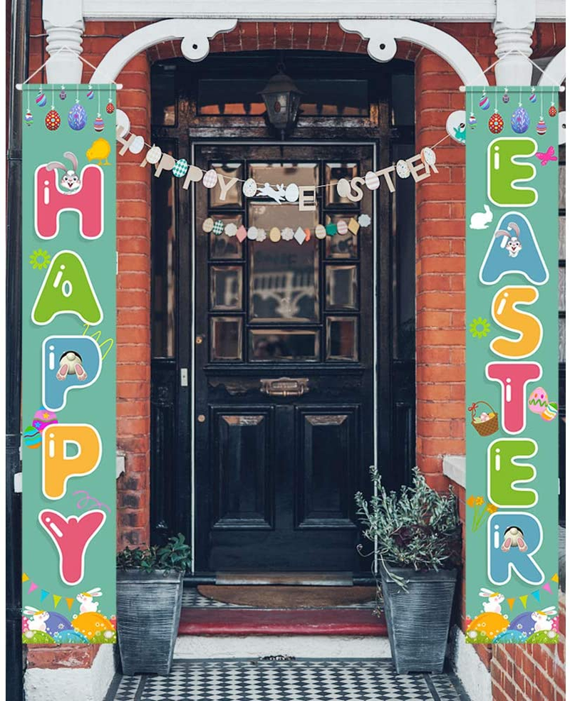 Easter Porch Sign, Happy Easter Theme Porch Sign with Bunny Egg Decoration for Hello Spring Outdoor Indoor Porch Party Supplies Home & Garden > Decor > Seasonal & Holiday Decorations Partico   