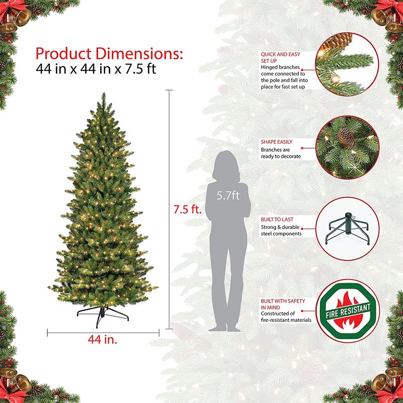 Puleo International 7.5 Foot Pre-Lit Slim Fraser Fir Artificial Christmas Tree with 500 Clear UL Listed Lights, Green