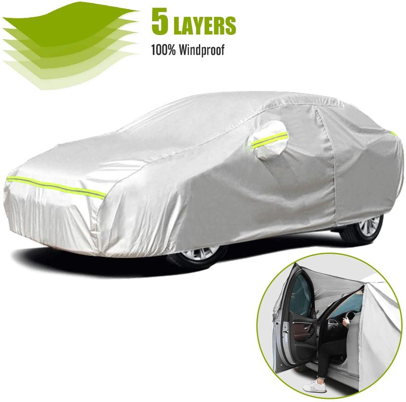 Favoto Full Car Cover Sedan Cover Universal Fit 177-194 Inch 5 Layer Heavy Duty Sun Protection Waterproof Dustproof Snowproof Windproof Scratch Resistant with Storage Bag Sedan Cover