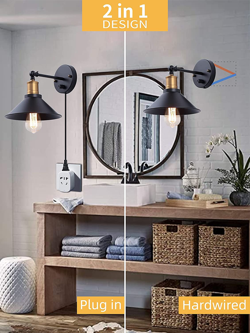 Plug in Wall Sconce Black Wall Light Fixtures with Switch,Wall Lights for Bedroom Living Room Bathroom,Industrial Wall Light Fixture Indoor,Swing Arm Wall Lamp Headboard Wall Sconces Set of Two Home & Garden > Lighting > Lighting Fixtures > Wall Light Fixtures KOL DEALS   