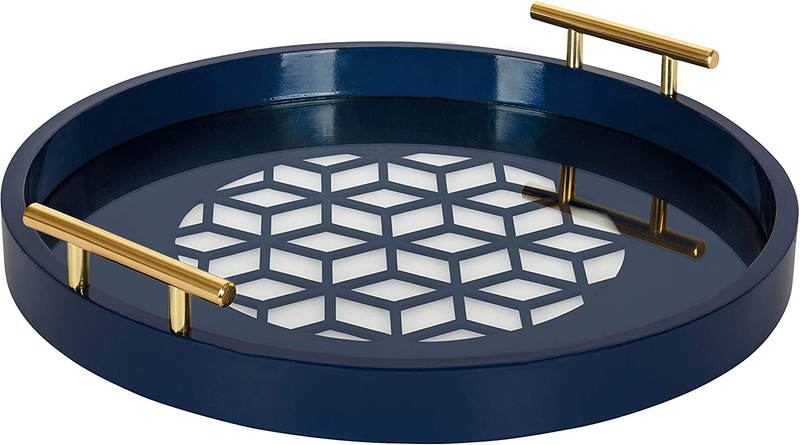 Kate and Laurel Caspen Round Cut Out Pattern Decorative Tray with Gold Metal Handles, Black Home & Garden > Decor > Decorative Trays Kate and Laurel Navy Blue 15.5" Diameter 