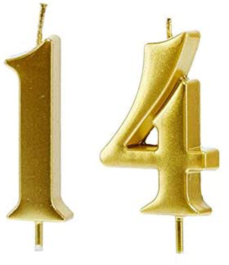 MMJJ Gold 14th Birthday Candles, Number 14 Cake Topper for Birthday Decorations