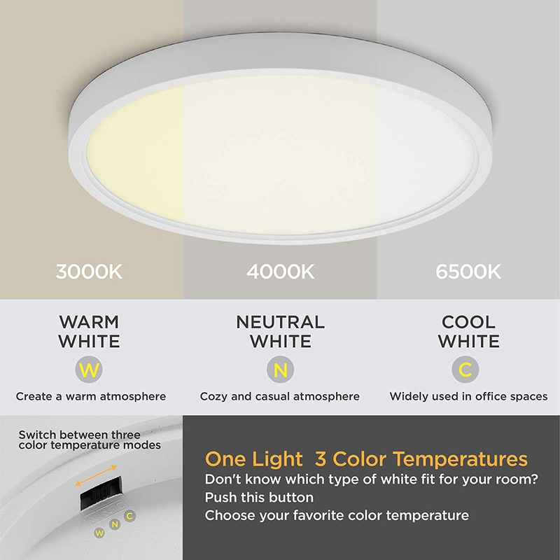 Taloya Dimmable Flush Mount LED Ceiling Light,3 Color in One (3000K/4000K/6500K) White 12Inch 20W=200W round for Bedroom Kitchen, ETL Listed