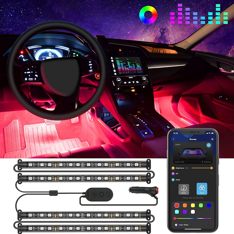 Govee Interior Car Lights, LED Car Strip Lights with 2 Lines Waterproof Design, 48 LEDs App Control Car Light Kit, DIY Mode and Music Sync Under Dash Car Lighting with Car Charger, DC 12V Vehicles & Parts > Vehicle Parts & Accessories > Motor Vehicle Parts > Motor Vehicle Lighting Govee Default Title  