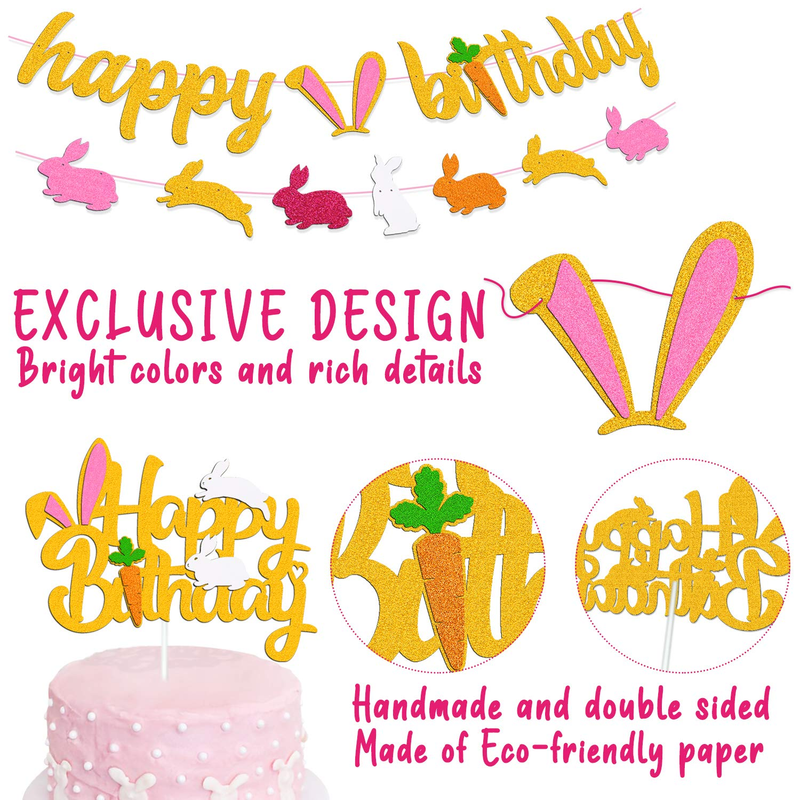 Easter Bunny Birthday Decorations Kit Rabbit Theme Happy Birthday Banner Cake Topper Pink Gold White Latex Balloons for Children Girl 1St 2Nd Bday Happy Easter Festival Spring Party Supplies Home & Garden > Decor > Seasonal & Holiday Decorations Ohiviaaa   
