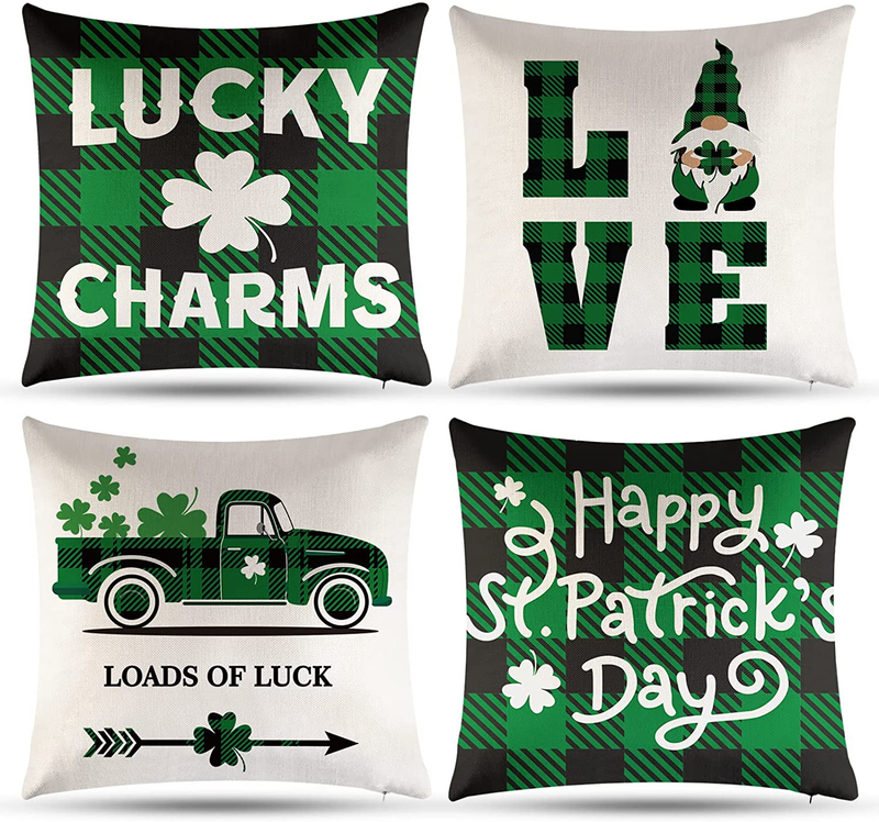 St Patricks Day Decorations, St Patricks Day Pillow Covers 18X18 Set of 4, St Patricks Day Decor for Home Green Clover Buffalo Plaid Check Lucky Charms Throw Pillows Decorative Cushion Case Sofa Couch Arts & Entertainment > Party & Celebration > Party Supplies Wareon   