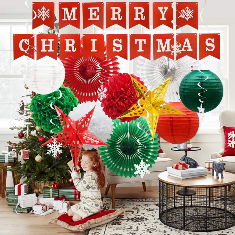 Christmas Party Decorations, Merry Christmas Banner, Snowflake Hanging Swirls, Paper Honeycomb Balls, Hollow Star Lantern, Tissue Tassel Garland Anniversary Birthday New Year Party Supplies Home & Garden > Decor > Seasonal & Holiday Decorations& Garden > Decor > Seasonal & Holiday Decorations ADLKGG Christmas3  