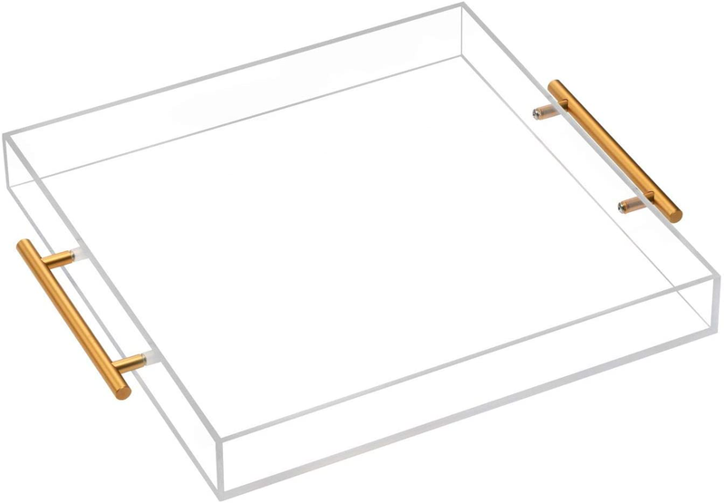 Clear Acrylic Lucite Serving Tray with Metal Handles,11x14 Inch,Decorative Storage Organizer with Spill-Proof Design,Serving for Coffee,Breakfast,Dinner and More Home & Garden > Decor > Decorative Trays KEVJES Clear 15x15 Inch 