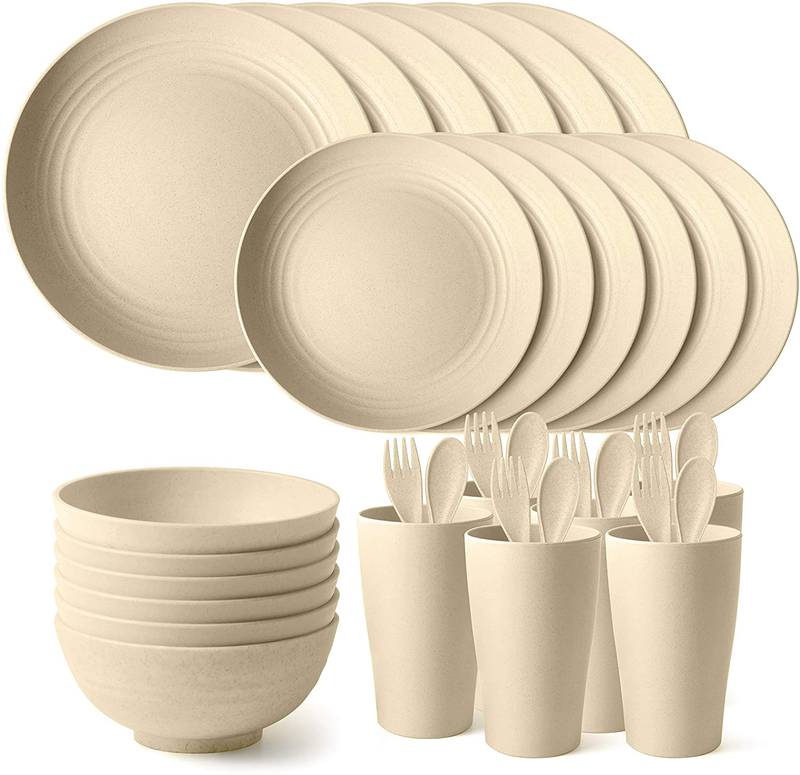Teivio 24-Piece Kitchen Wheat Straw Dinnerware Set, Dinner Plates, Dessert Plate, Cereal Bowls, Cups, Unbreakable Plastic Outdoor Camping Dishes (Service for 6 (24 piece), Multicolor) Home & Garden > Kitchen & Dining > Tableware > Dinnerware Teivio Beige Service for 6 (24 piece with flatware) 